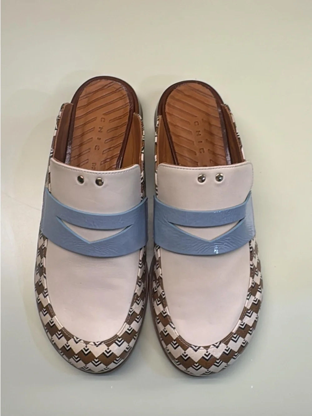 Chie Mihara Cream and Light Blue Patterned-Trim Slip-On Loafers - Picture 2 of 4